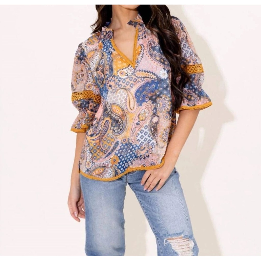 Alden Adair Lottie in Paisley Patch Multicolor Crochet Trim V-Neck size Small